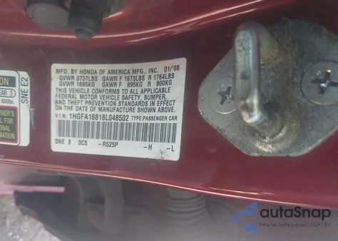 2008 Honda Civic Ex z USA, uszkodzony, nr VIN 1HGFA16818L048502